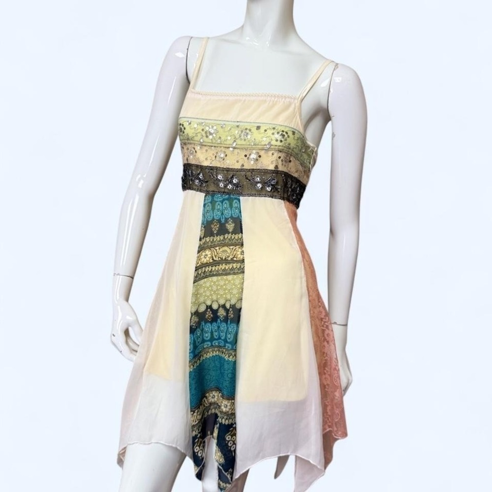 Italian Patchwork Fairy Dress Boho Lace Handkerchief Hem‎ Womens L